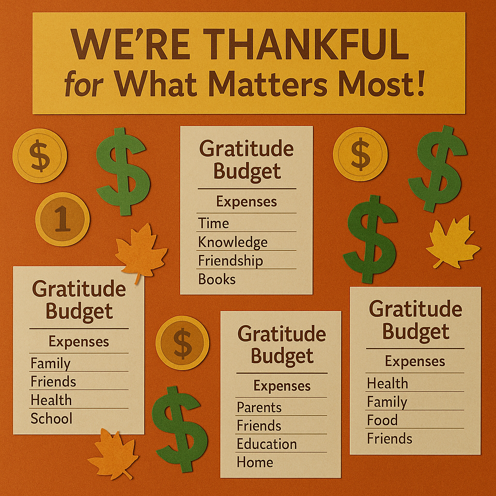 “Fall classroom financial literacy activity with a gratitude budget wall and paper coins.”