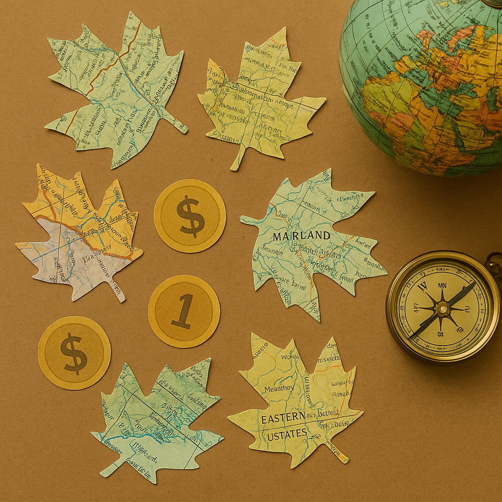“Map-themed fall leaves cut from old maps as a social studies classroom decoration.”